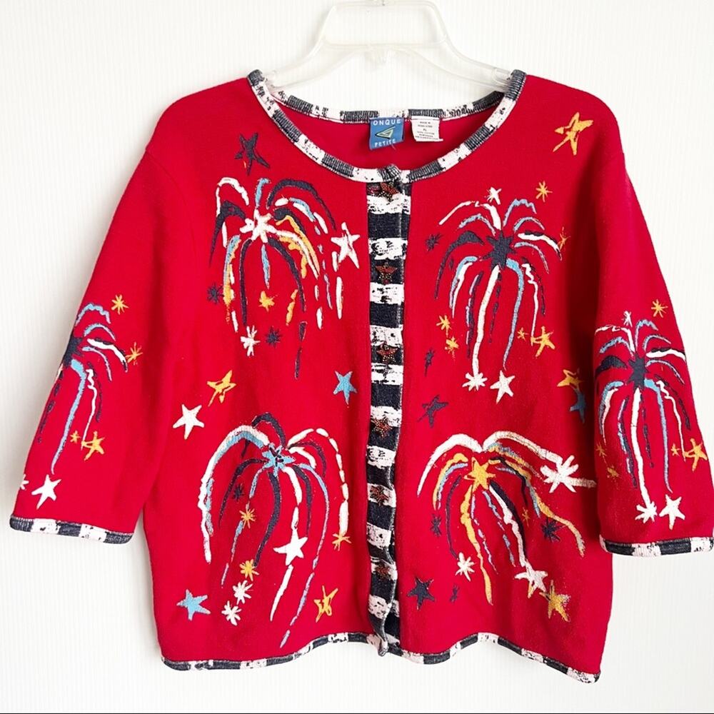 Vintage Firecracker Red White Blue Star Button Down Shirt Jacket Petite Large